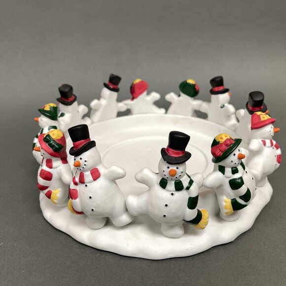 Partylite P7436 3 Wick Candle Holder Frolicking Frosts Snowmen in a Circle w/Box - Picture 5 of 8